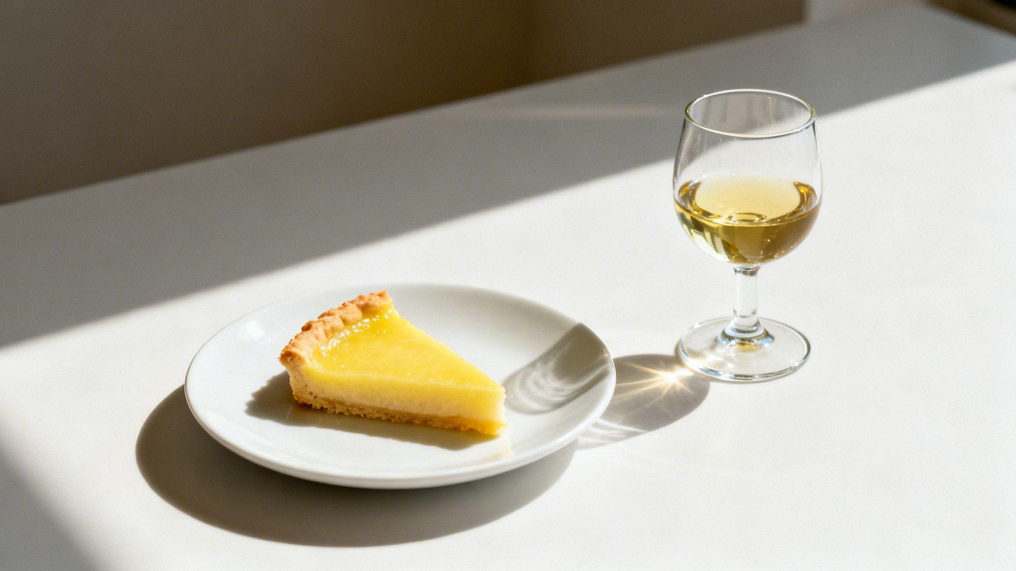 A delicious lemon tart slice on a white plate next to a glass of white wine, sunlit.