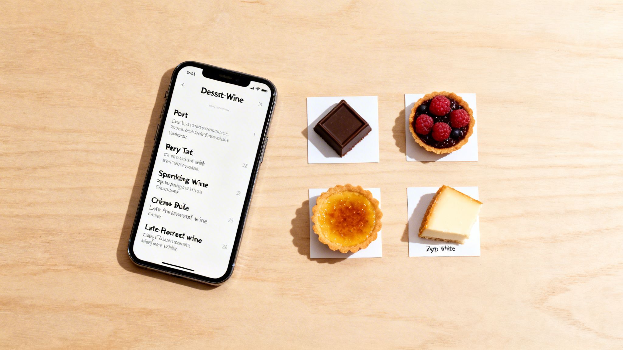 A smartphone showing a dessert wine menu, surrounded by chocolate, berry tart, creme brulee, and cheesecake on a wooden table.