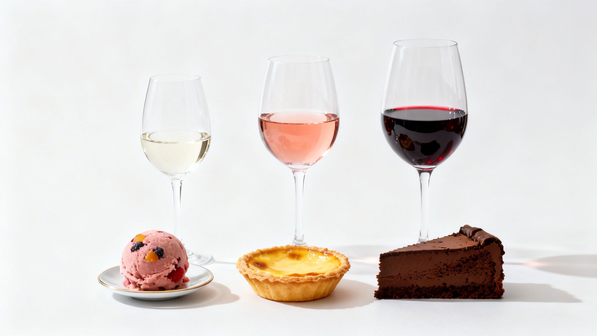 Three glasses of wine (white, rosé, red) paired with ice cream, custard tart, and chocolate cake on a white background.