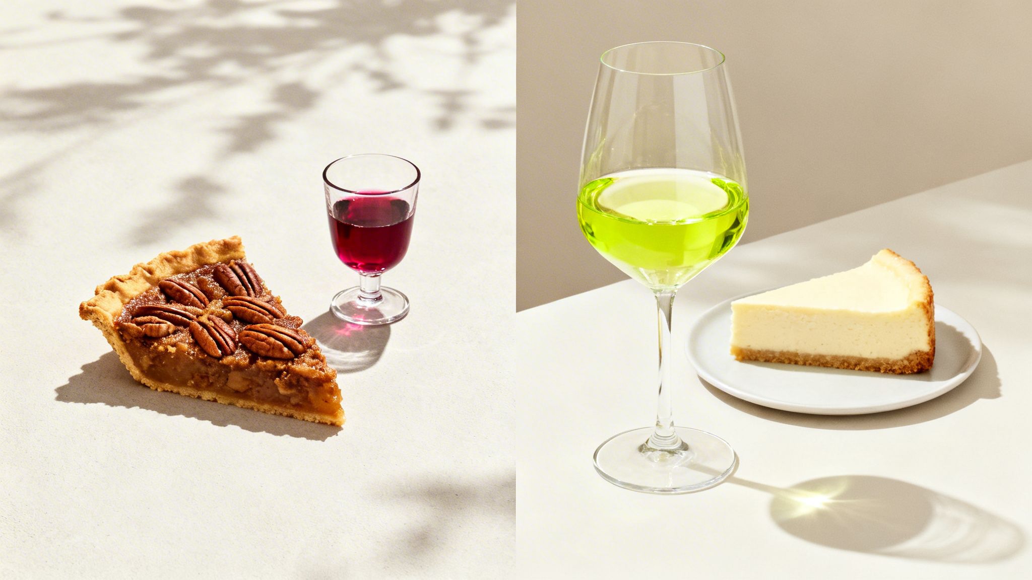 Two dessert pairings: pecan pie with red drink and cheesecake with green drink on a light background.