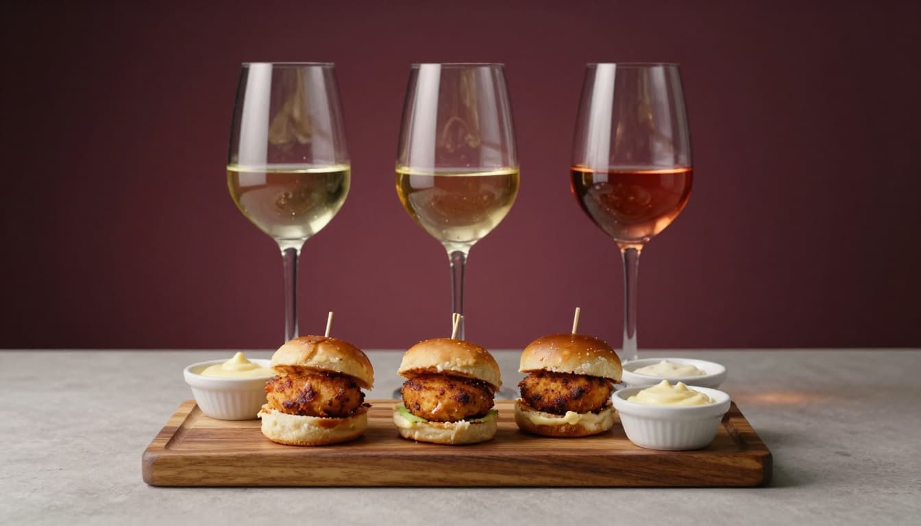 Three small crab cake sliders arranged on a wooden board with ramekins of Old Bay mayo, lemon aioli, and remoulade, paired with pours of Sauvignon Blanc, Albarino, and dry Rose in glasses against a burgundy backdrop.