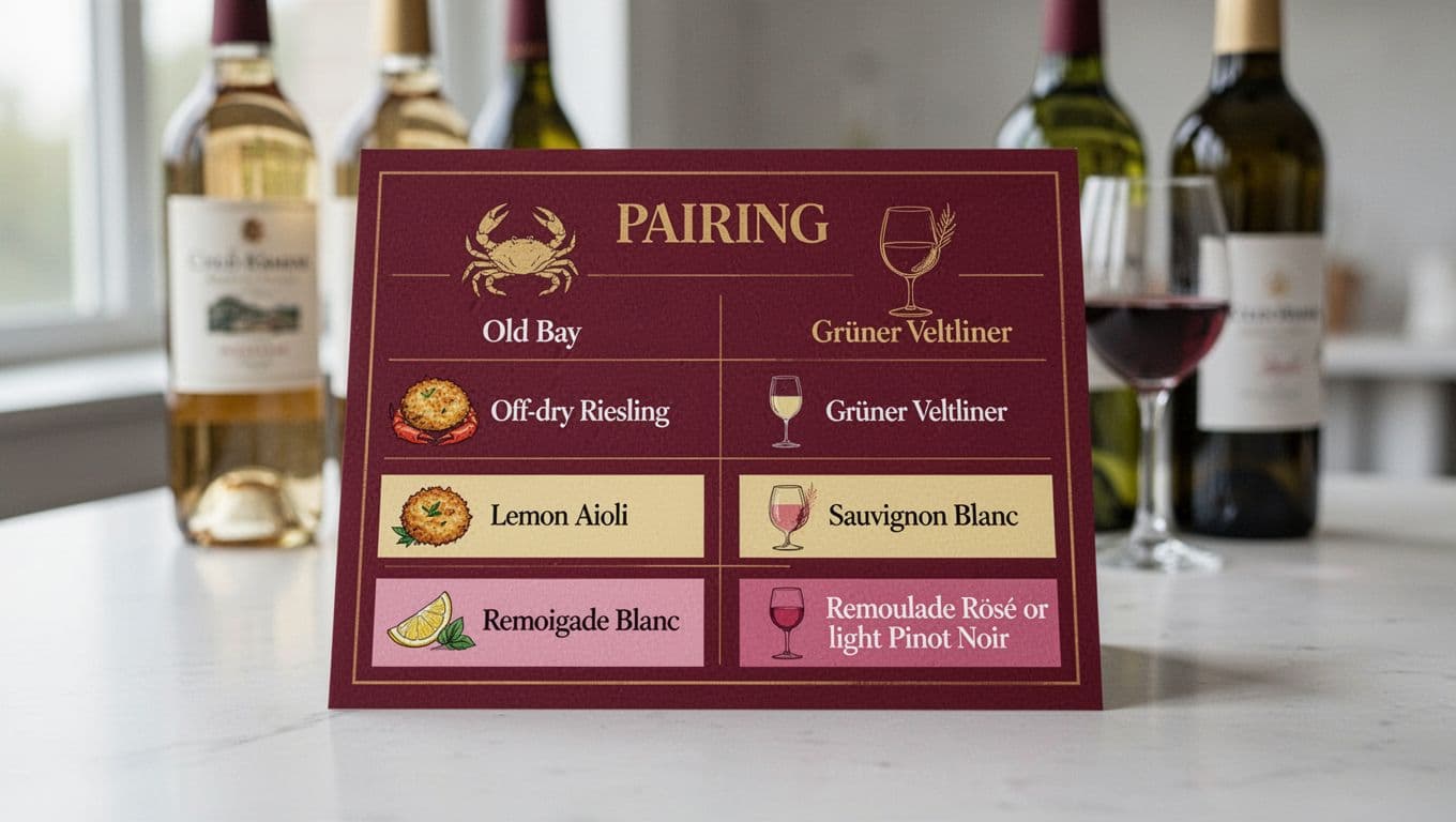 A simple elegant tabletop scene with a tasting-card style pairing chart showing wine pairings for seasonings like Old Bay with Riesling, Lemon Aioli with Sauvignon Blanc, and Remoulade with Rosé. Features burgundy and gold colors, minimal icons of crab cakes and wine glasses, blurred wine bottles in the soft background, in modern editorial food photography style.
