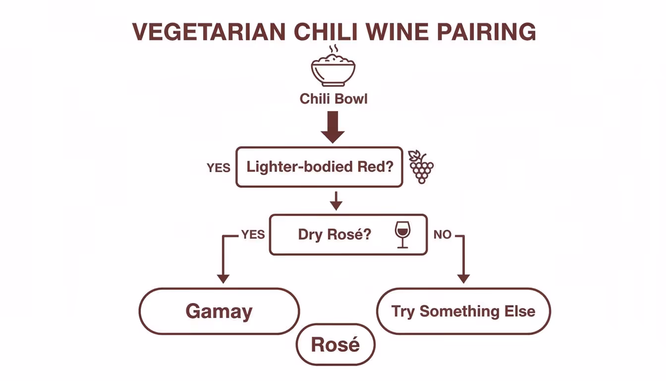 Flowchart guiding wine pairing for vegetarian chili, recommending Gamay, Rosé, or other options.
