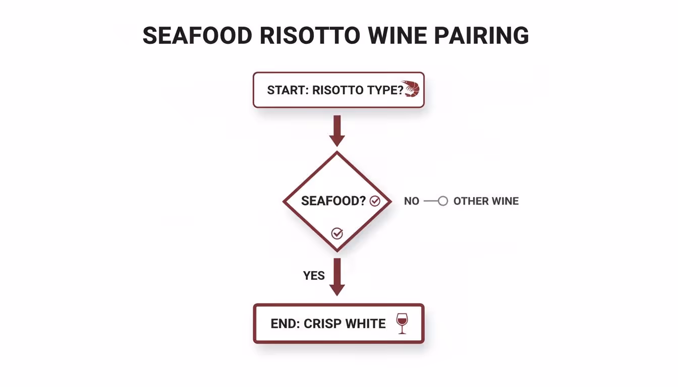 Flowchart titled 'Seafood Risotto Wine Pairing' suggesting crisp white wine for seafood risotto.