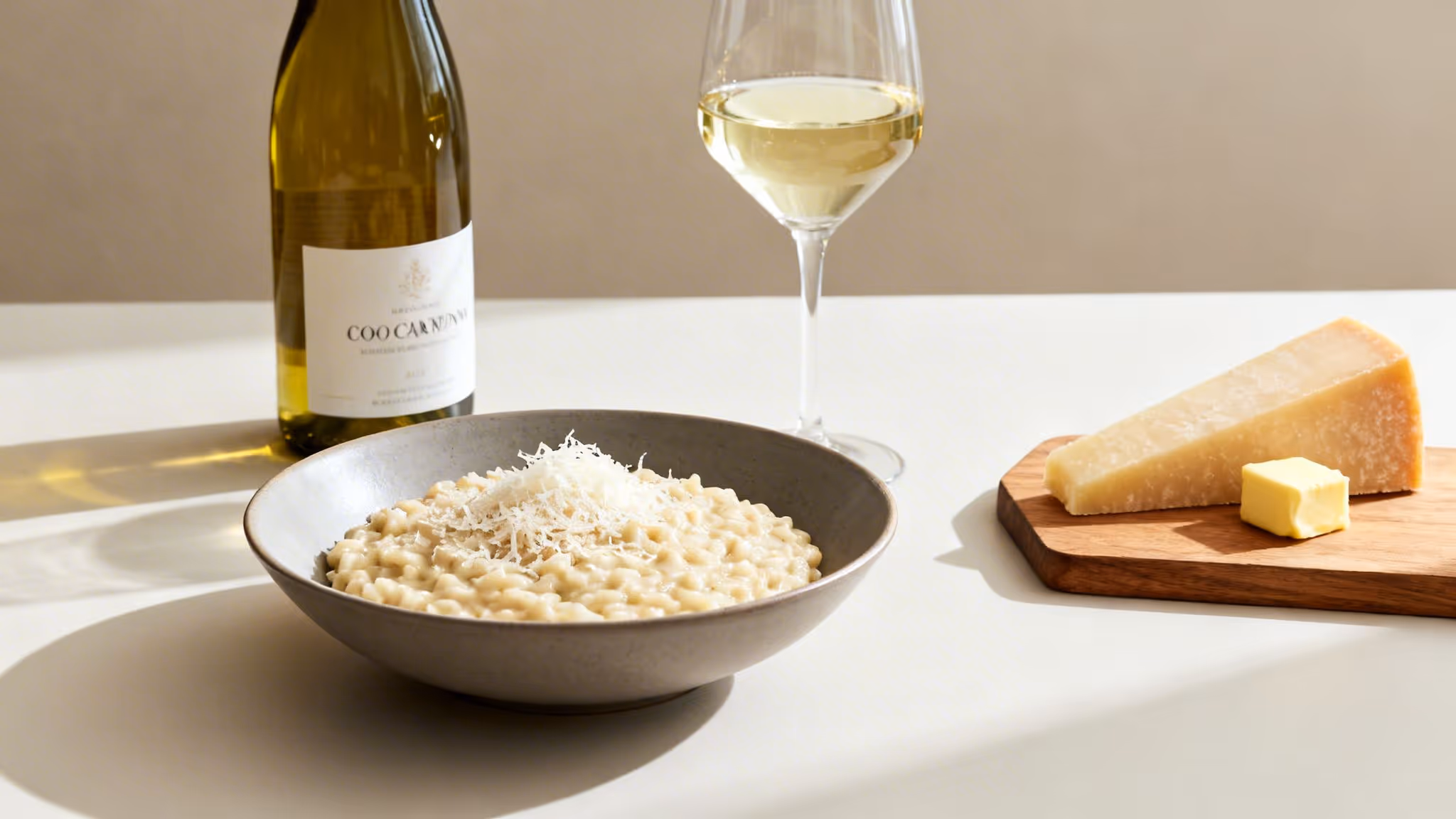 A bowl of creamy risotto with grated cheese, a bottle of white wine, and a glass on a table.