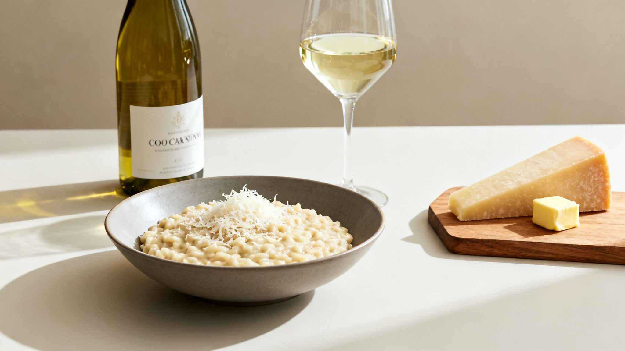 A bowl of creamy risotto with grated cheese, a bottle of white wine, and a glass on a table.