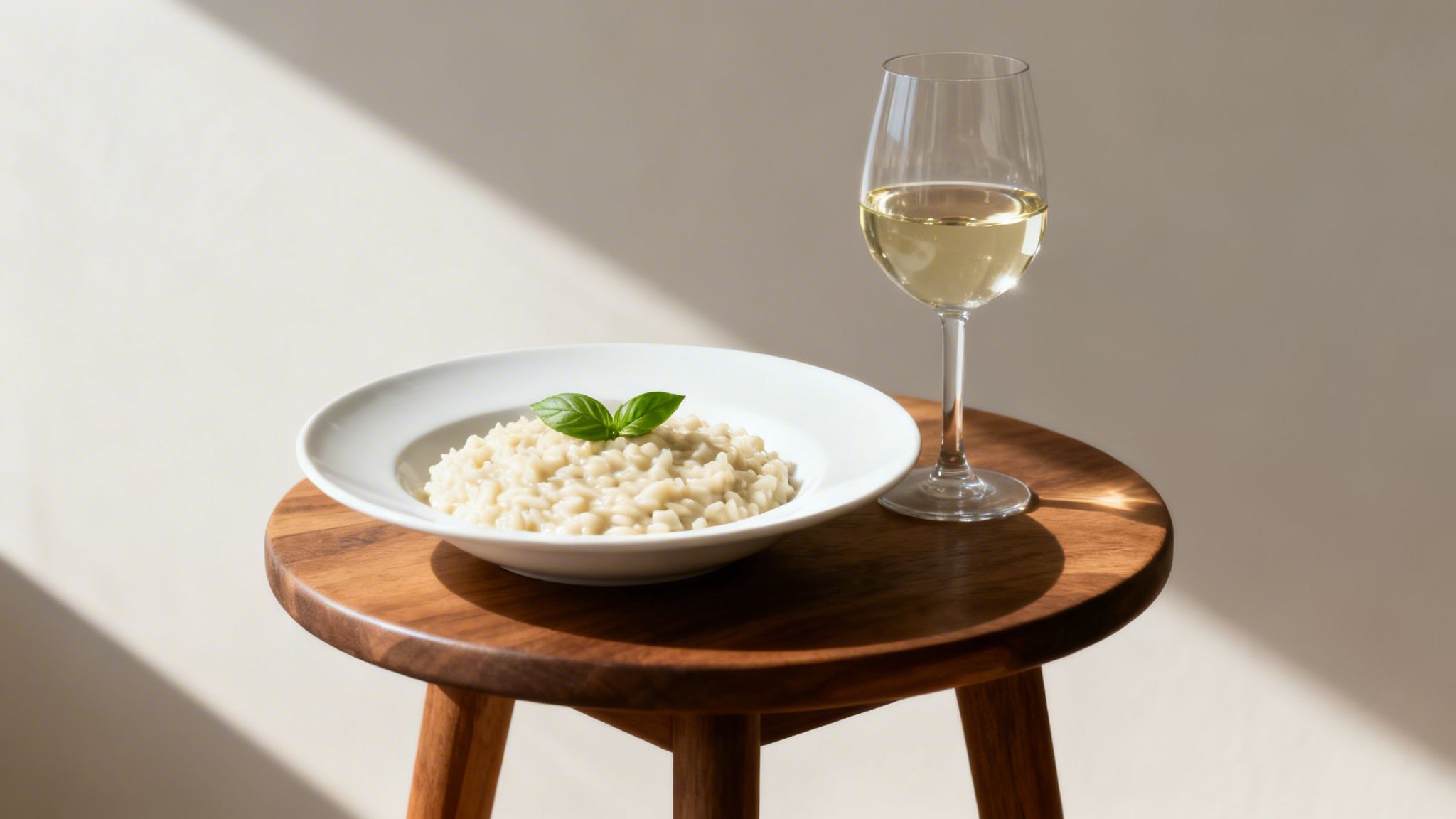 Creamy risotto with basil and a glass of white wine on a wooden stool.