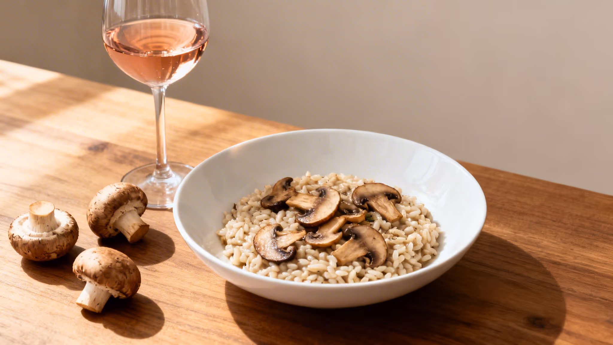 A delectable mushroom risotto served in a white bowl, accompanied by rosé wine and fresh mushrooms on a wooden table.