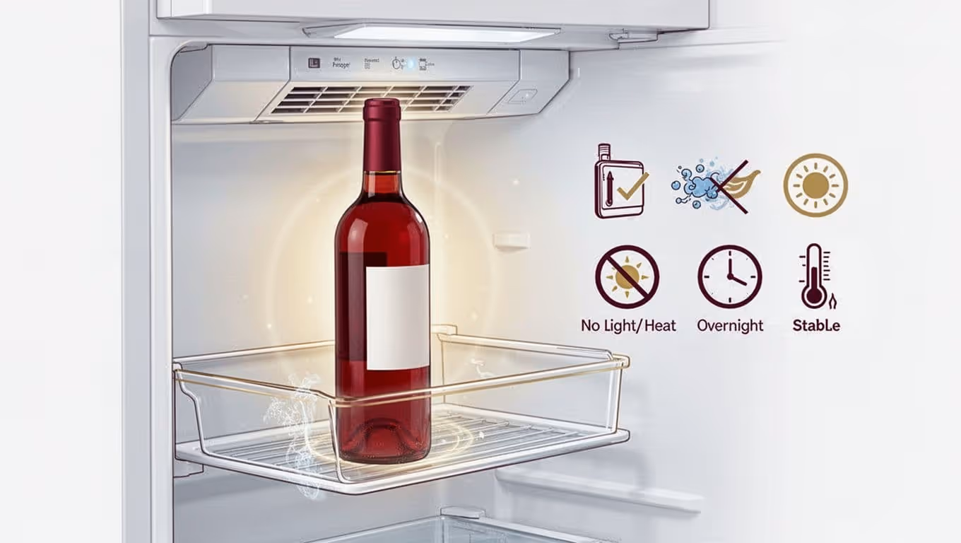 Cutaway illustration of a refrigerator door shelf holding an upright open red wine bottle away from the freezer vent, surrounded by a soft glow indicating stable cool temperature, with supporting icons for optimal storage conditions.