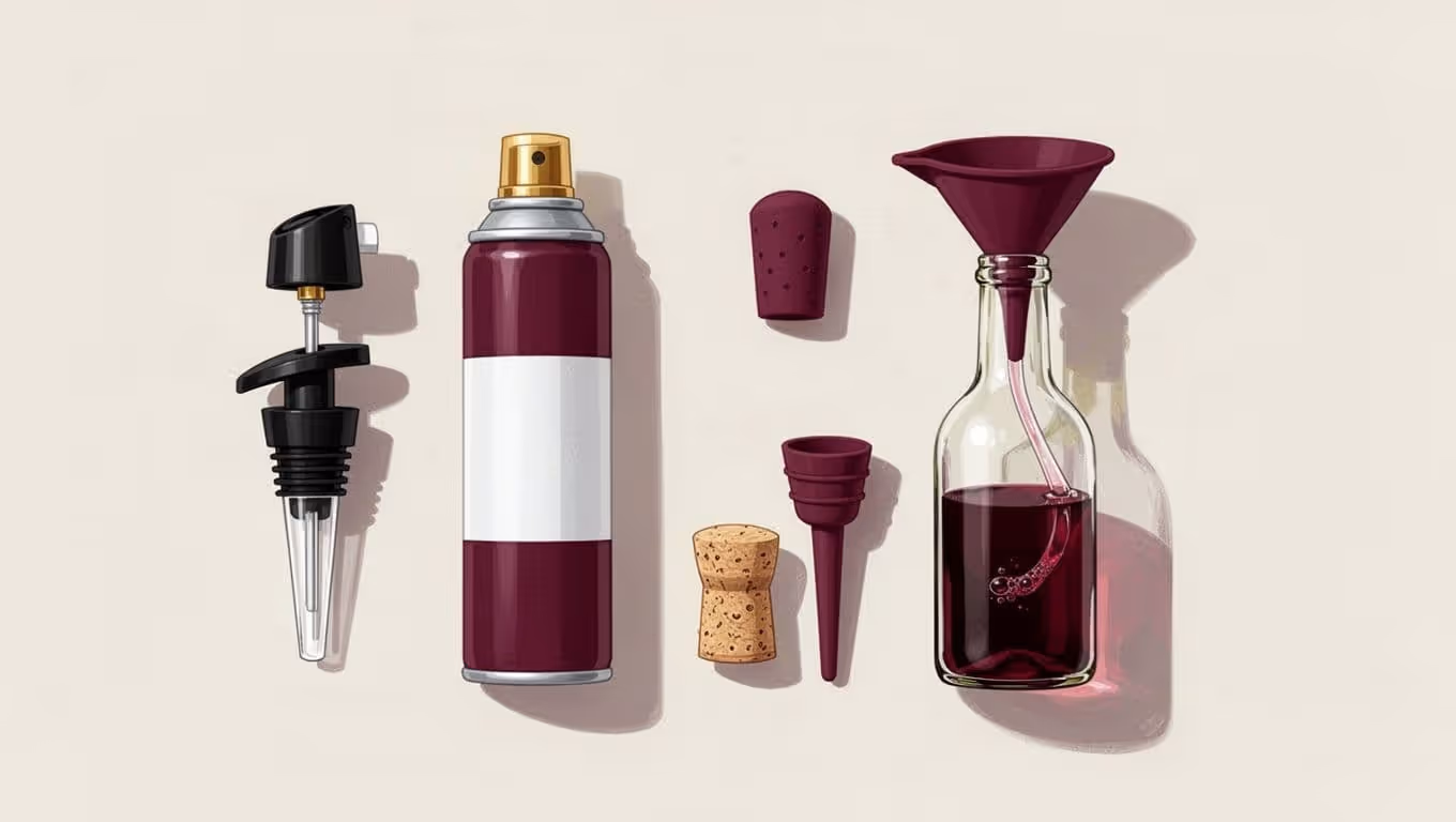 Neat flat-lay composition of wine preservation tools including vacuum stopper, inert gas spray can, silicone cork, and 375ml half-bottle with funnel on an off-white surface. Clean modern editorial illustration style with burgundy shadows, gold highlights, and soft gradients.
