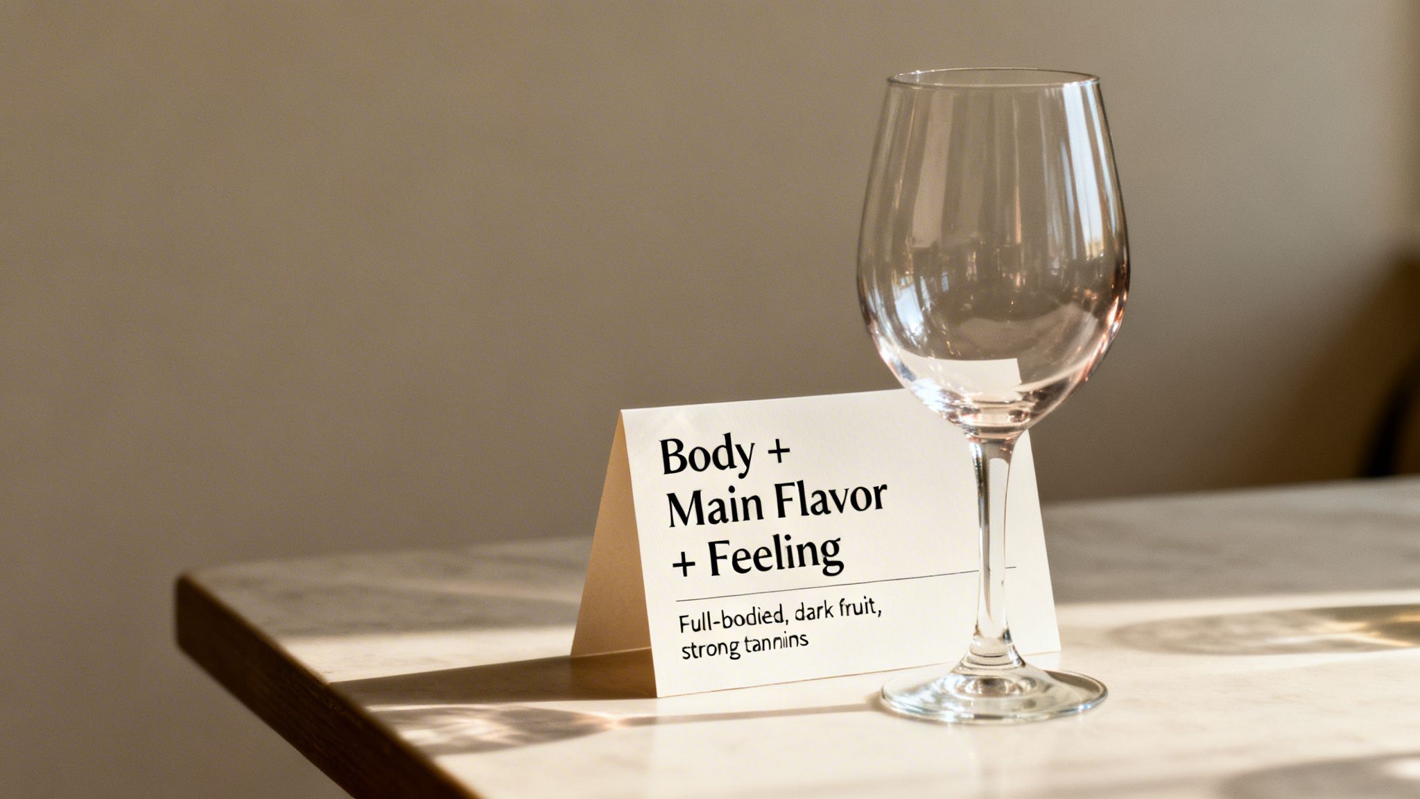 A wine glass stands next to a white card detailing wine characteristics: full-bodied, dark fruit, strong tannins.