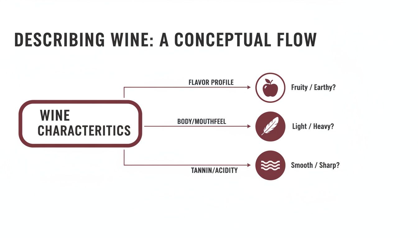 A conceptual flow diagram illustrating how to describe wine characteristics like flavor, body, and acidity.