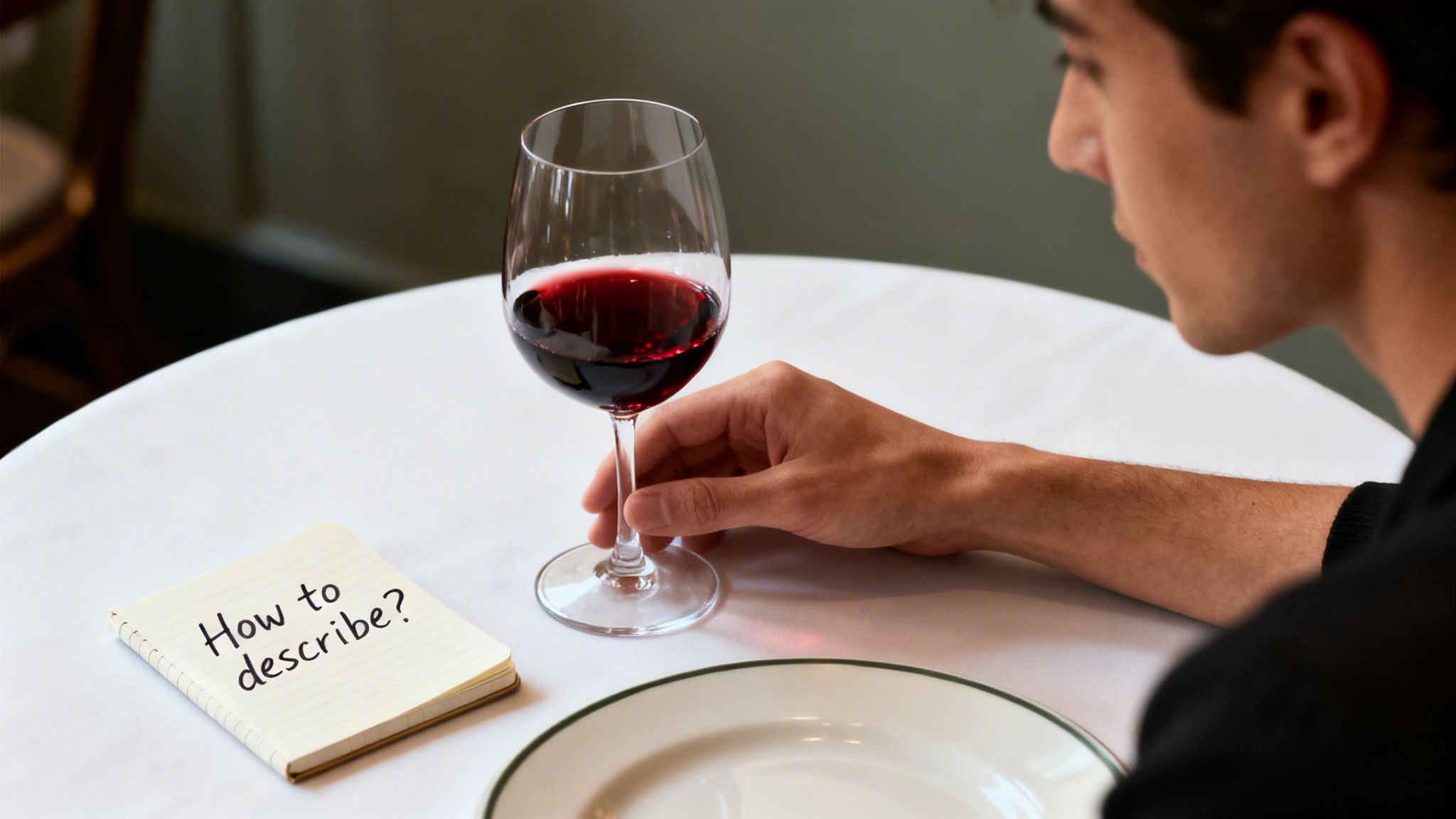 A person holds a glass of red wine at a table with a notepad asking "How to describe?".