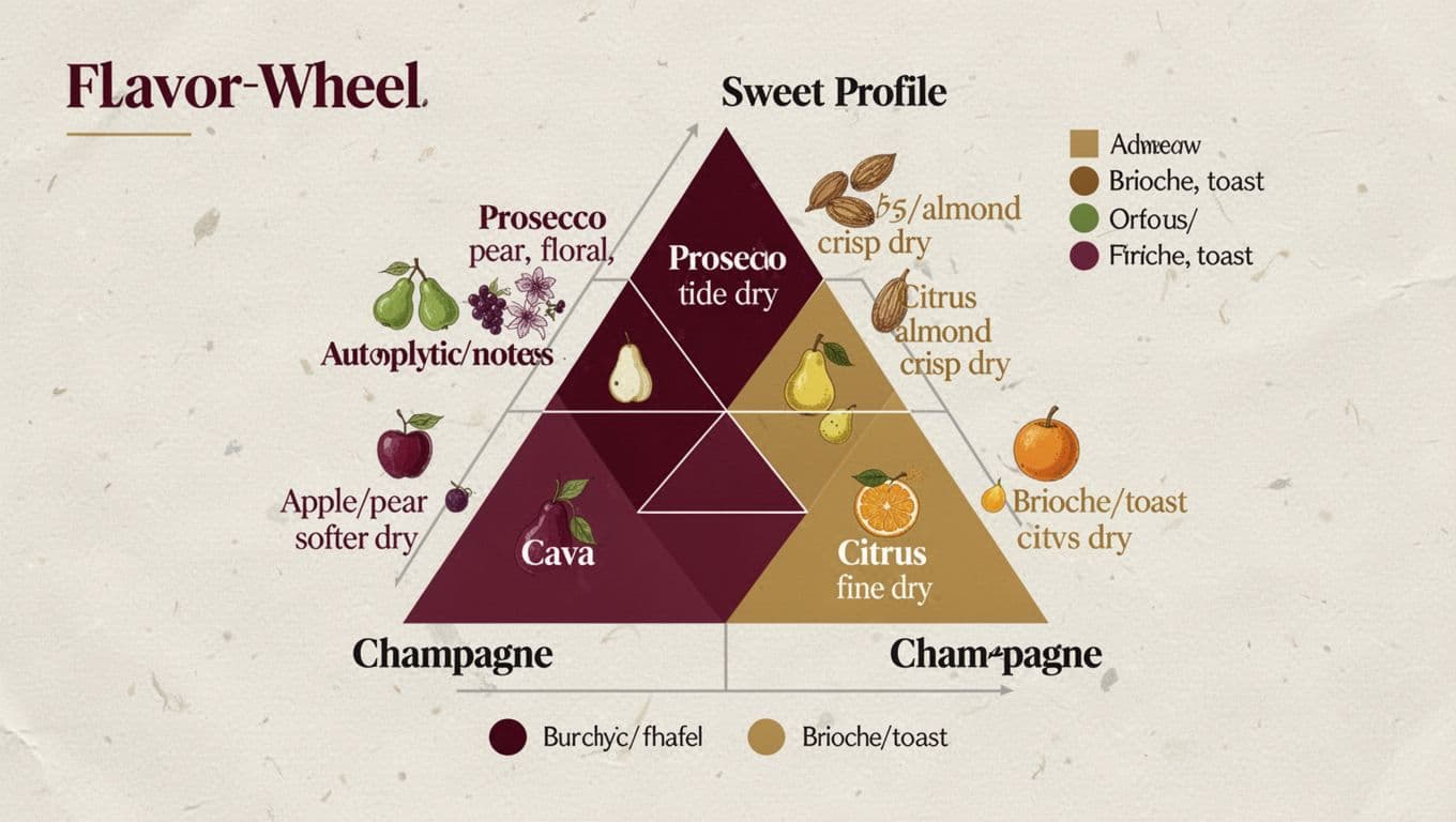 Modern editorial-style flavor wheel or taste triangle infographic comparing Prosecco, Cava, and Champagne on sweetness/dryness, autolytic notes like brioche/toast, and fruit profiles such as apple/pear vs citrus. Features limited palette of deep burgundy and warm gold on off-white background with subtle paper texture, minimal sans-serif labels, and a small color legend.