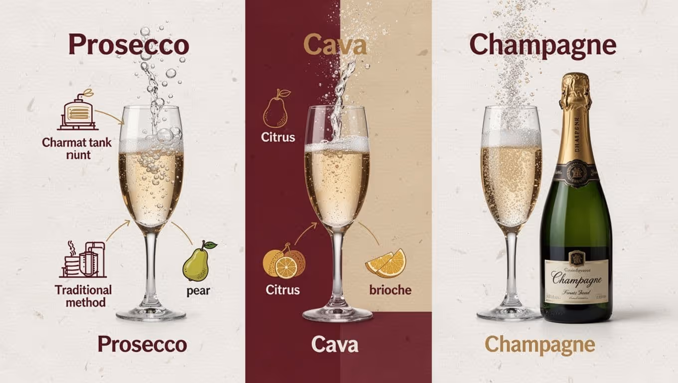 Split-panel infographic comparing Prosecco, Cava, and Champagne sparkling wines side-by-side, featuring bubble characteristics, production method icons (Charmat for Prosecco, Traditional for Cava and Champagne), and taste keywords (pear, citrus, brioche) in a modern editorial style with burgundy and gold on off-white background.