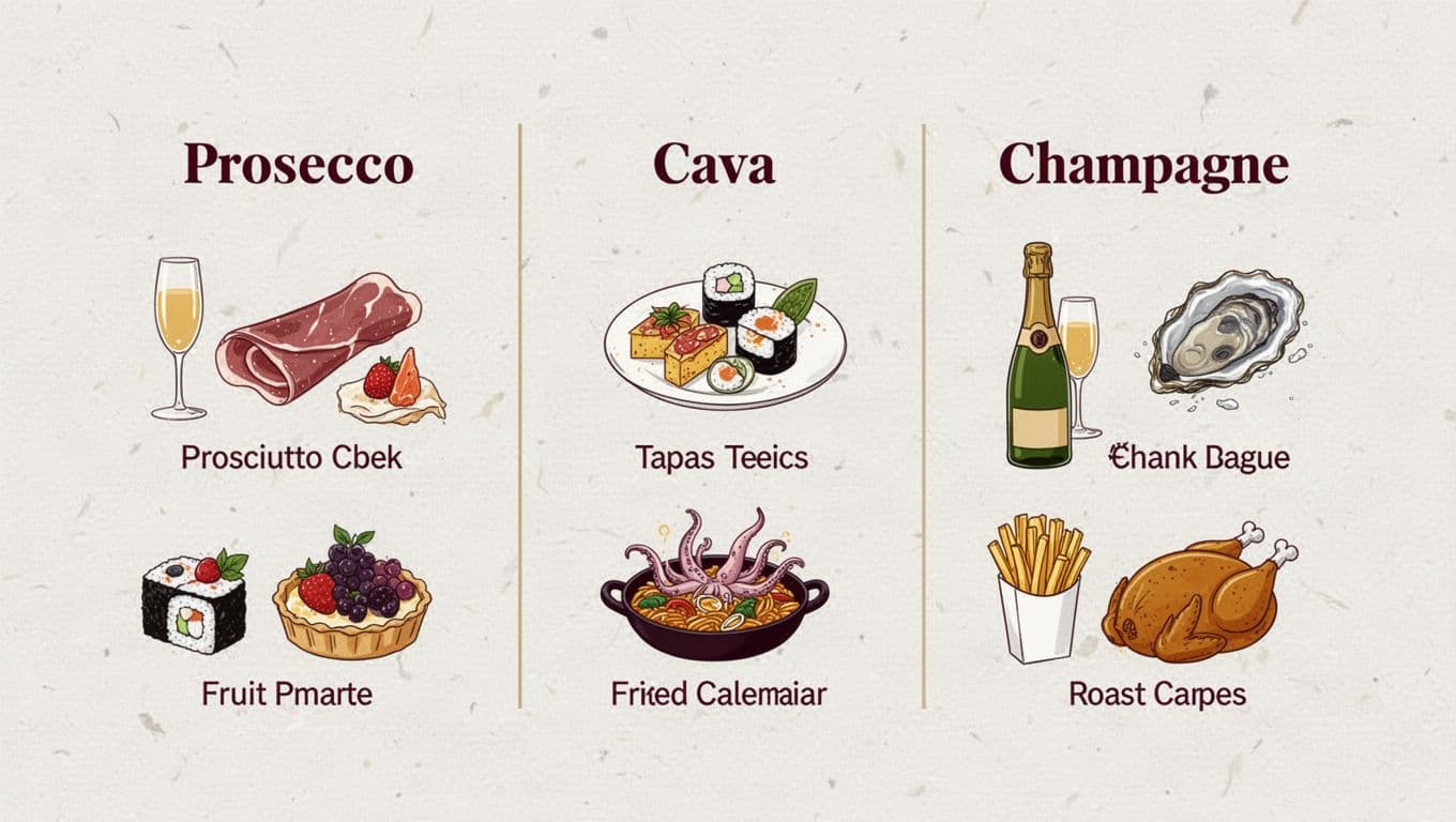 Minimal table-style illustration infographic featuring Prosecco, Cava, and Champagne columns with simple pairing icons like prosciutto, sushi for Prosecco; tapas, calamari for Cava; oysters, fries for Champagne, in burgundy and gold on off-white textured background.