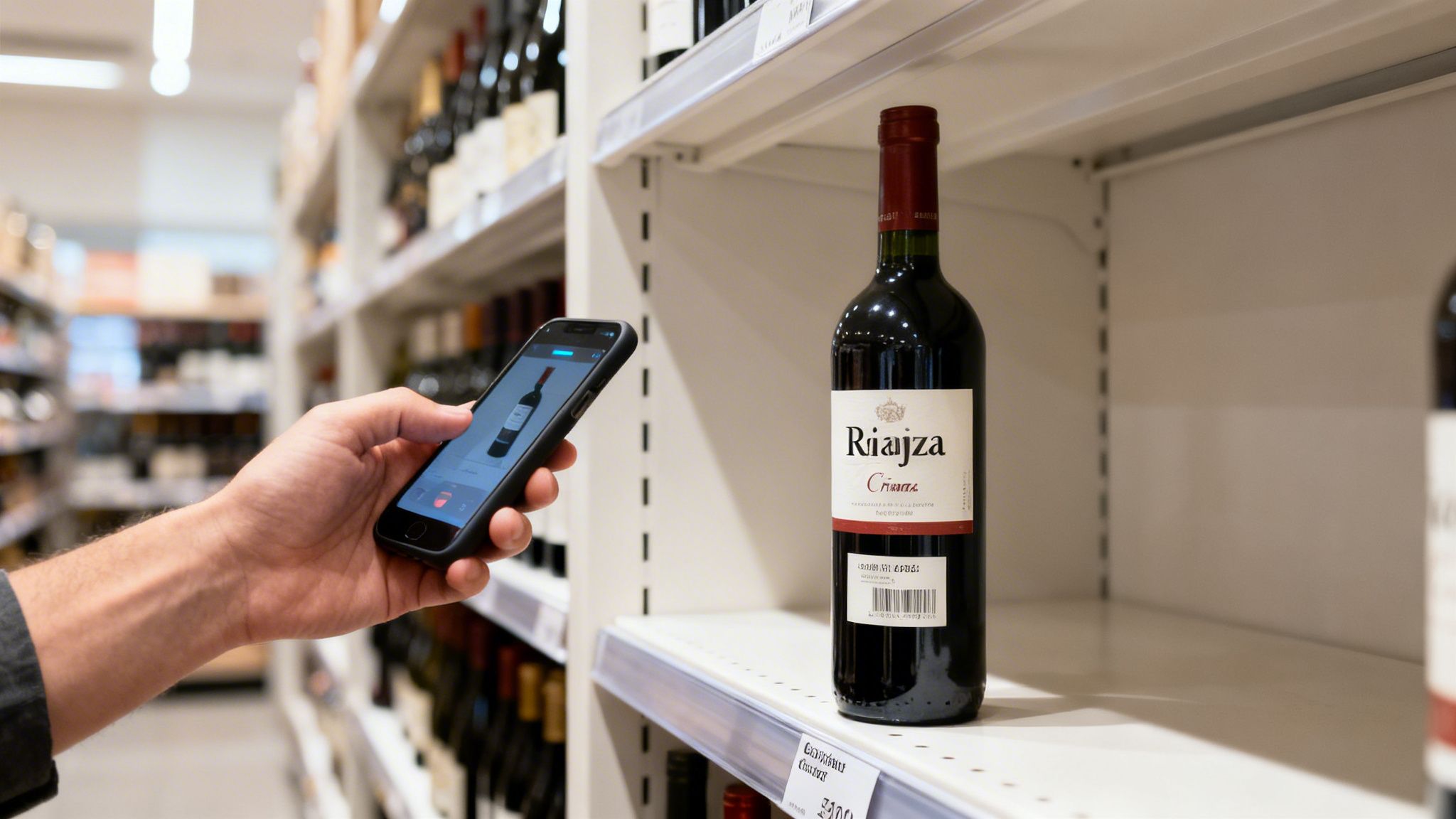 A person scans a bottle of 'Riaja Crianza' red wine with a smartphone in a store aisle.