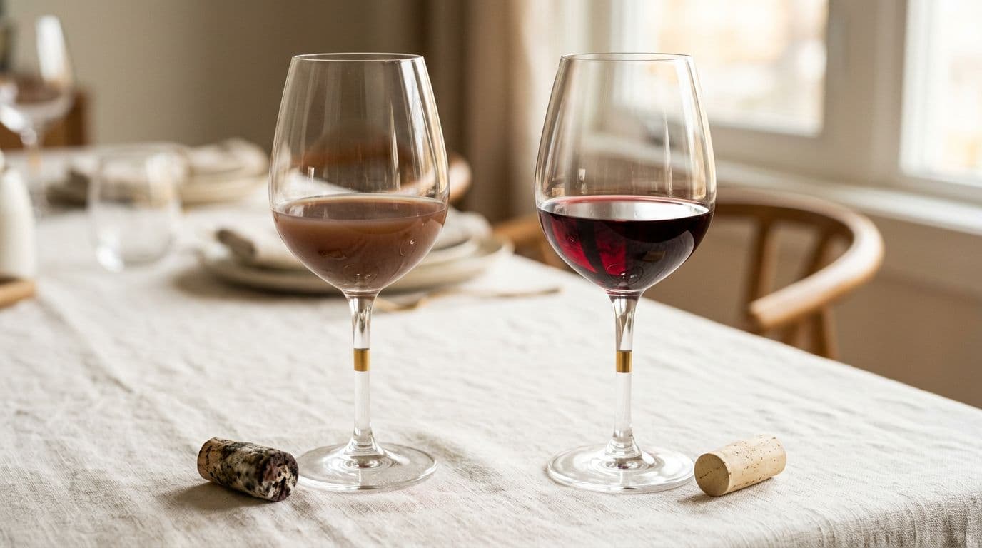 Photo-realistic side-by-side comparison of two wine glasses on an elegant dining table: left shows dull off-color wine with moldy damp cork indicating cork taint, right displays vibrant deep burgundy wine with clean fresh cork.