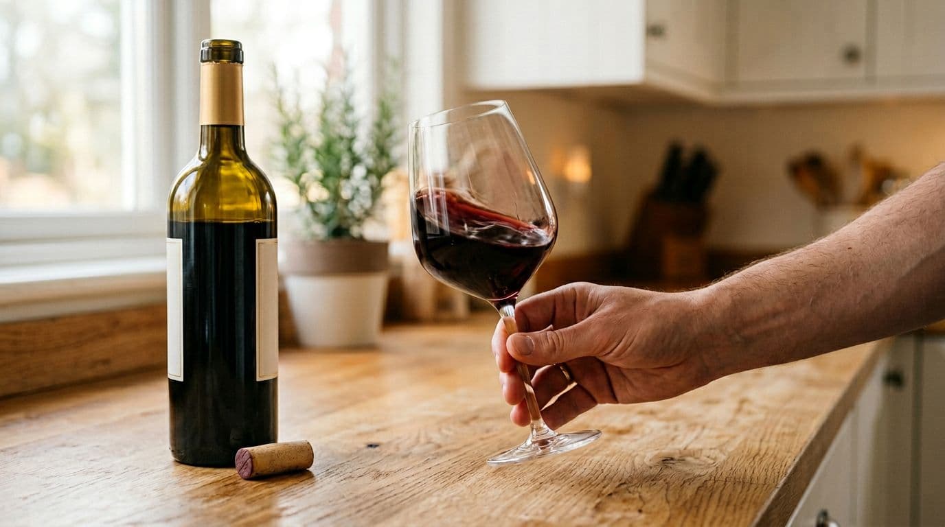 Photo-realistic close-up of an opened red wine bottle next to a filled wine glass on a light wooden countertop in a cozy kitchen. A single hand gently holds and swirls the deep burgundy wine, with warm gold accents and soft natural light.