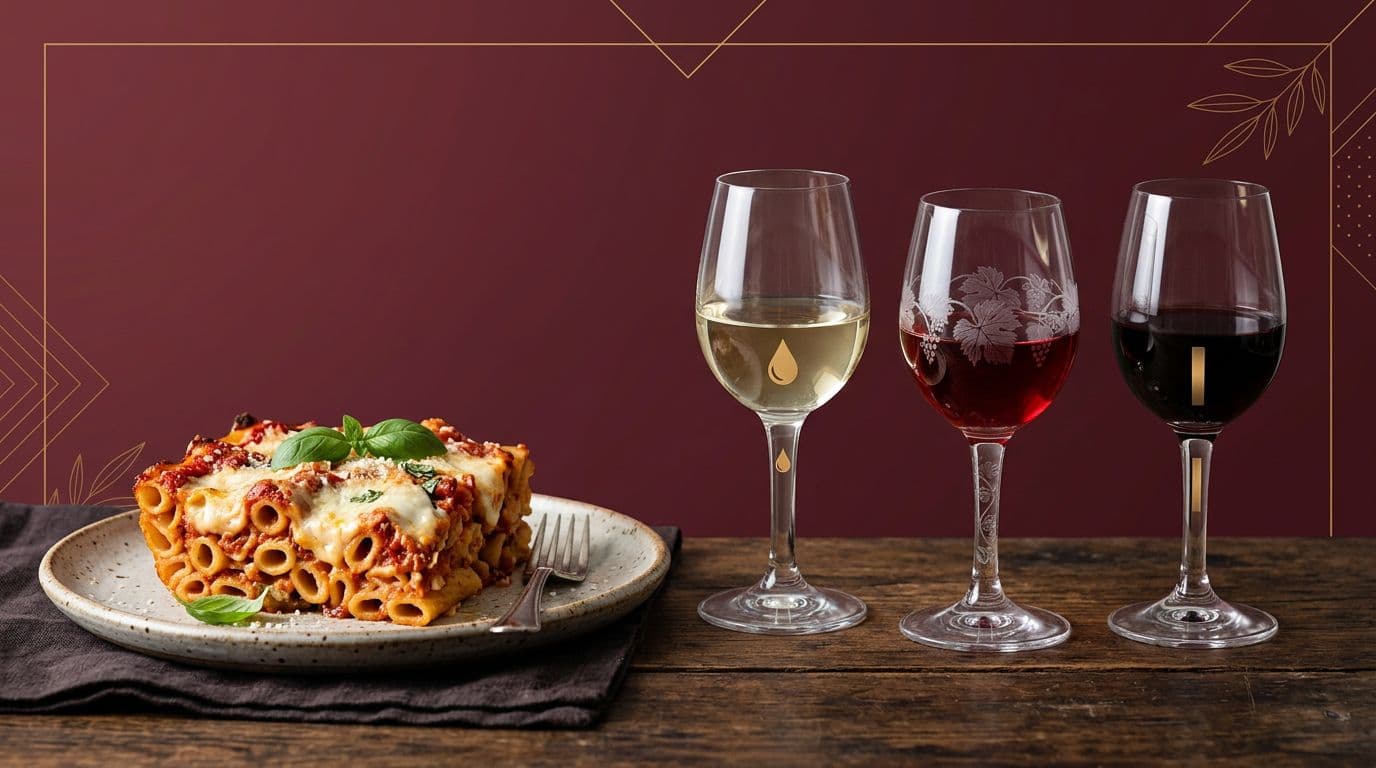 Photorealistic still life of a slice of baked ziti with tomato sauce and mozzarella next to three wine glasses featuring icons for high acidity, moderate tannins, and medium body on an elegant burgundy gradient backdrop.