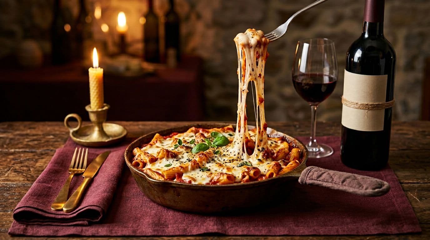 A cozy Italian dinner table showcases bubbling baked ziti in a cast-iron skillet topped with red marinara sauce and melted mozzarella cheese pull, accompanied by a glass and bottle of red wine, burgundy napkin, cutlery, and warm candlelight glow.
