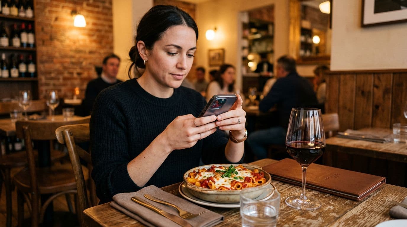 A person sits relaxed at a cozy restaurant table, scanning a wine list on their phone app to pair with the baked ziti dish featuring red sauce and mozzarella, alongside a deep burgundy wine glass and warm gold tableware accents.
