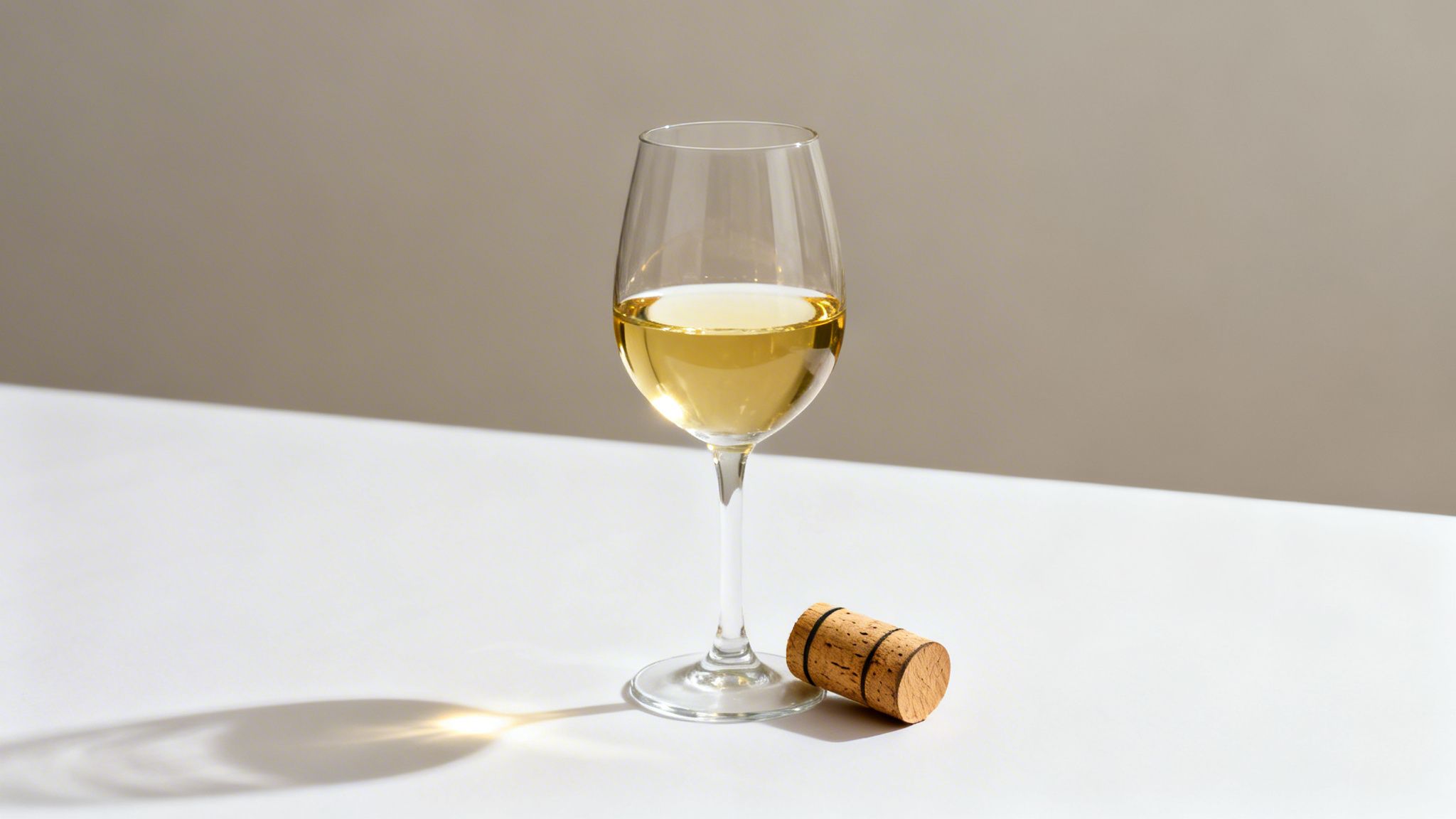 A elegant glass of golden white wine next to a cork, casting a bright shadow.