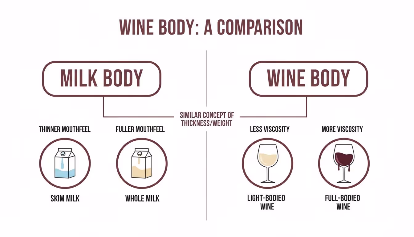 Infographic illustrating wine body concepts by comparing light-bodied and full-bodied wines with skim and whole milk.