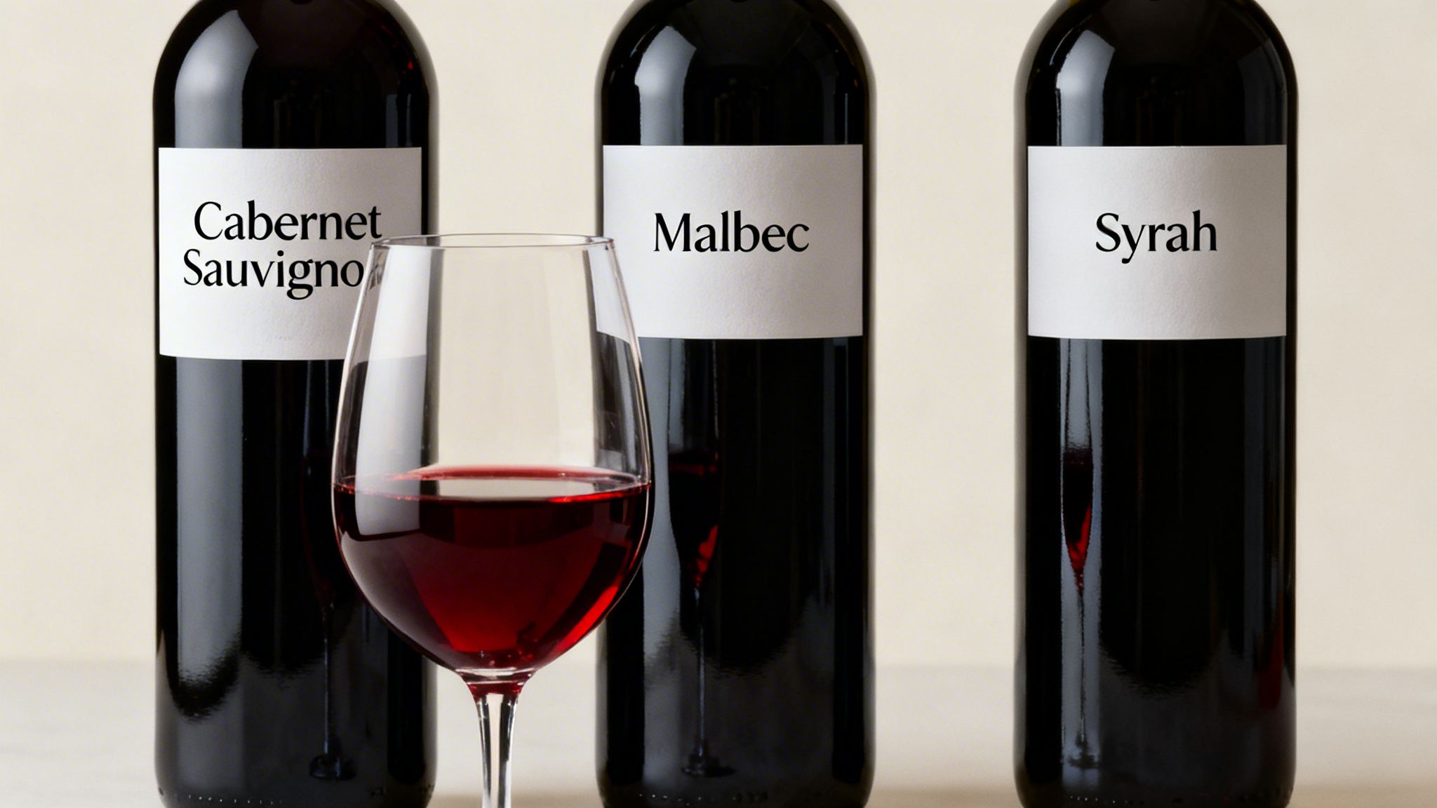 Three red wine bottles labeled Cabernet Sauvignon, Malbec, and Syrah, with a glass of red wine.