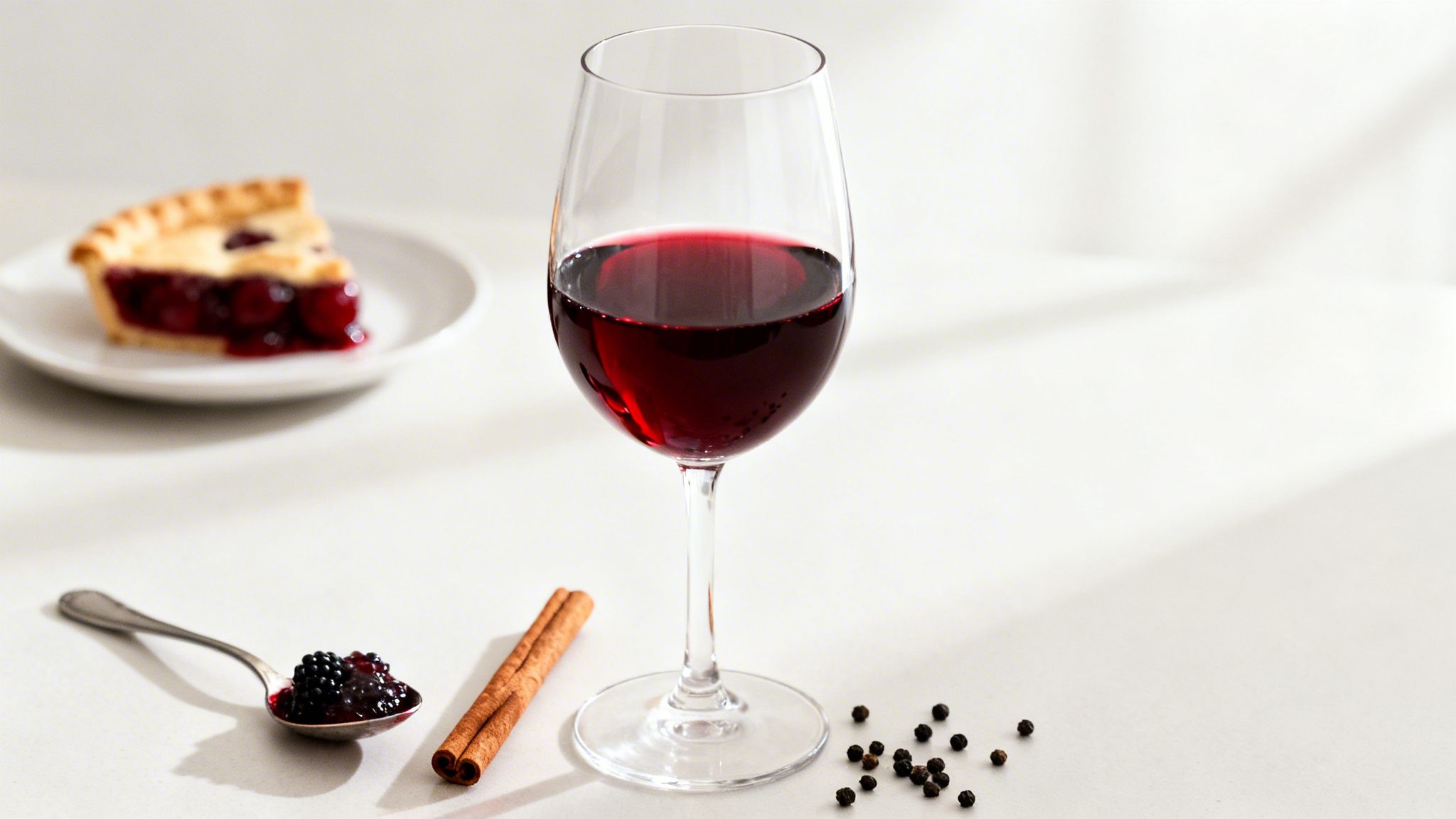 Red wine glass on a table with cherry pie, berries, cinnamon stick, and black peppercorns.