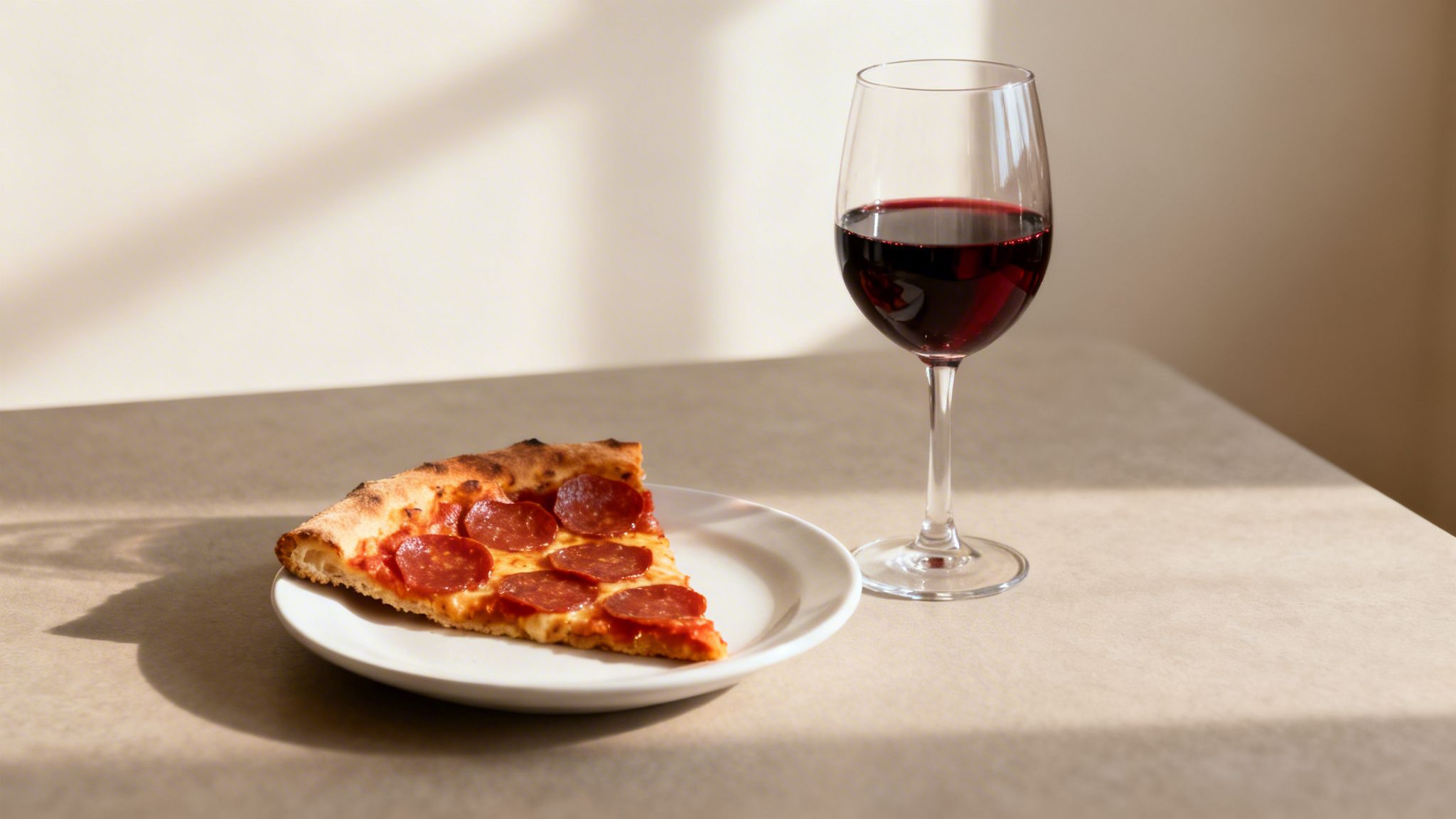 A delectable slice of pepperoni pizza on a plate beside a glass of rich red wine.