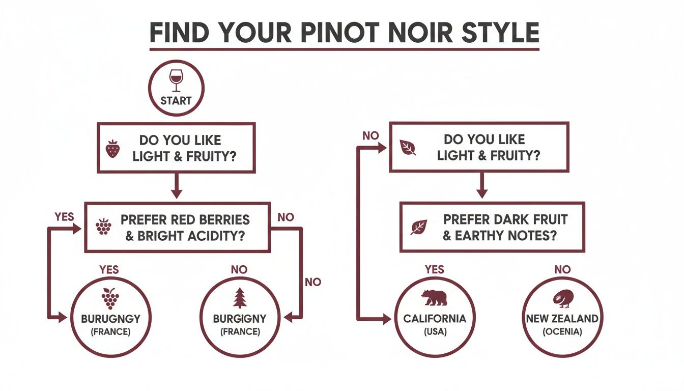 A flowchart guiding users to their ideal Pinot Noir style based on fruit and acidity preferences.