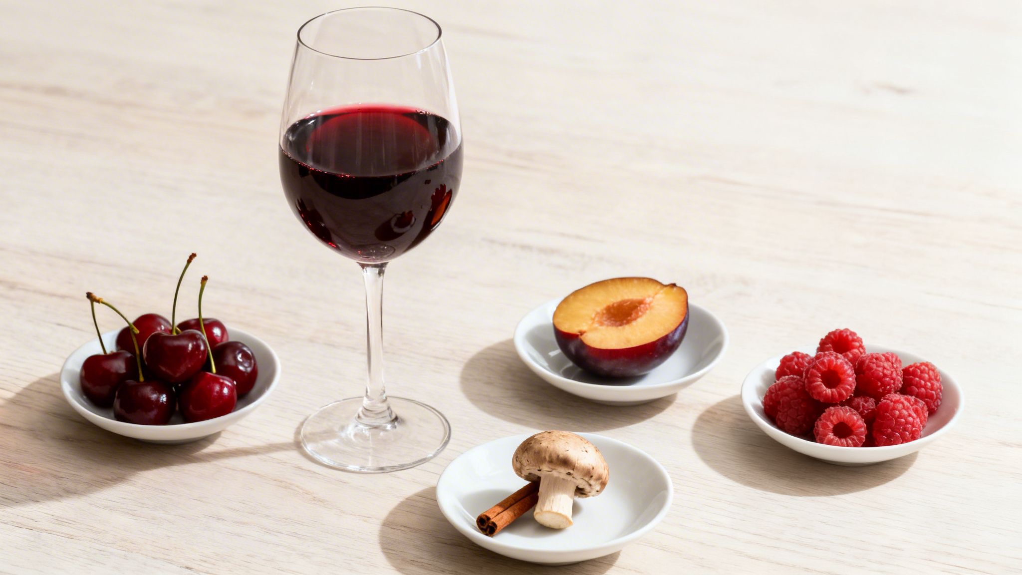 A glass of red wine, cherries, plum, raspberries, mushroom, and cinnamon stick on a wooden table.