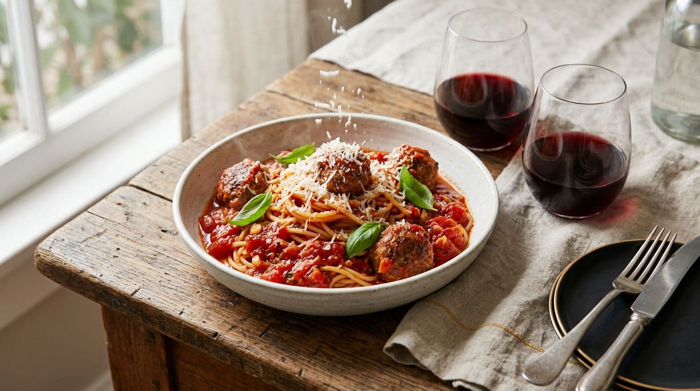 Overhead view of a white ceramic bowl filled with steaming spaghetti and meatballs in bright red marinara sauce, topped with fresh grated Parmesan and green basil leaves, beside two stemless glasses of deep burgundy red wine on a rustic wooden table.
