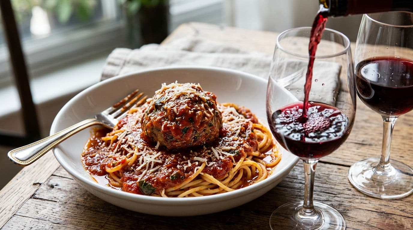 Close-up 3/4 angle of a juicy meatball in bright marinara sauce on spaghetti, topped with fresh grated Parmesan, and red wine pouring from one glass into another with realistic reflections and soft lighting.