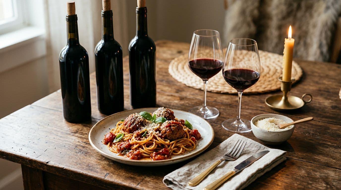 Tabletop scene featuring a plate of spaghetti and meatballs in marinara sauce, grated Parmesan nearby, three dark glass bottles of red wine, and two half-filled glasses of deep burgundy wine, with warm gold highlights on utensils and candle holder.