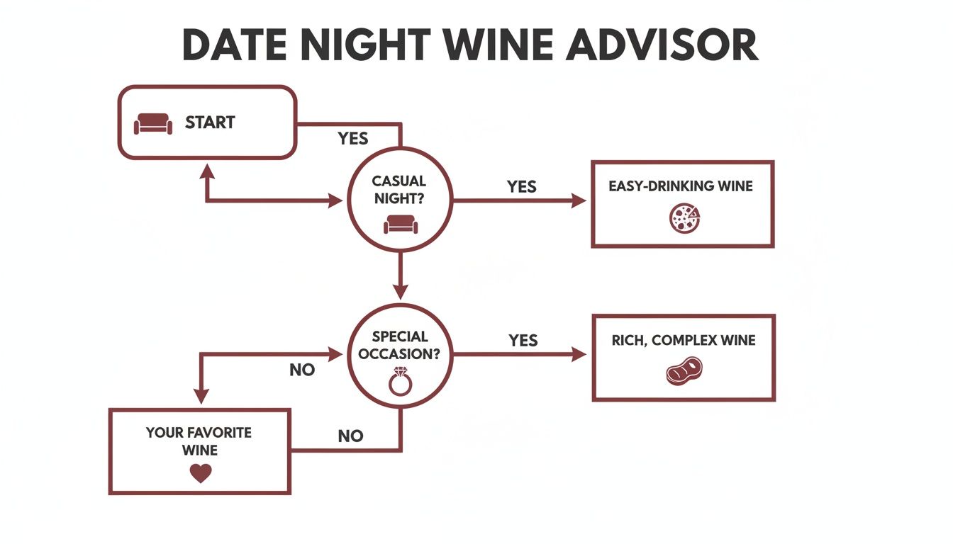 A flowchart titled 'Date Night Wine Advisor' guides wine selection based on occasion: casual, special, or favorite.