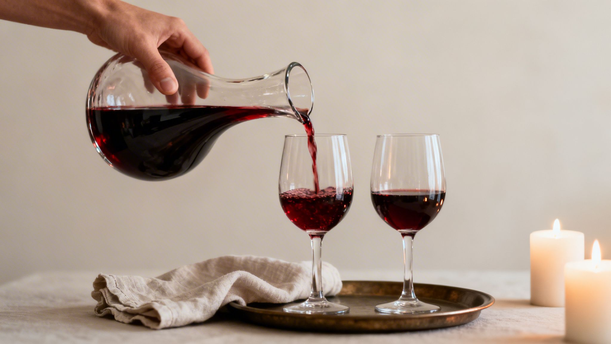 A hand pours rich red wine from a decanter into a glass, set with candles.