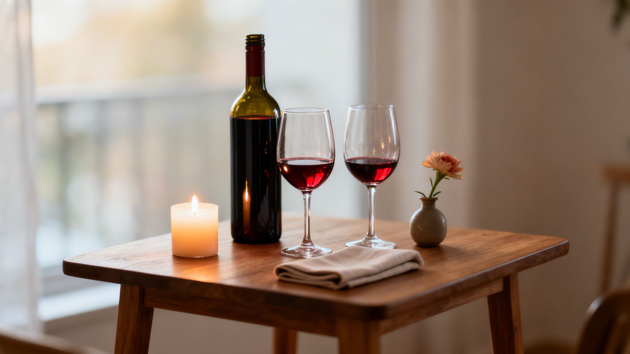 A romantic setting with red wine bottle, two glasses, candle, and a flower on a wooden table.