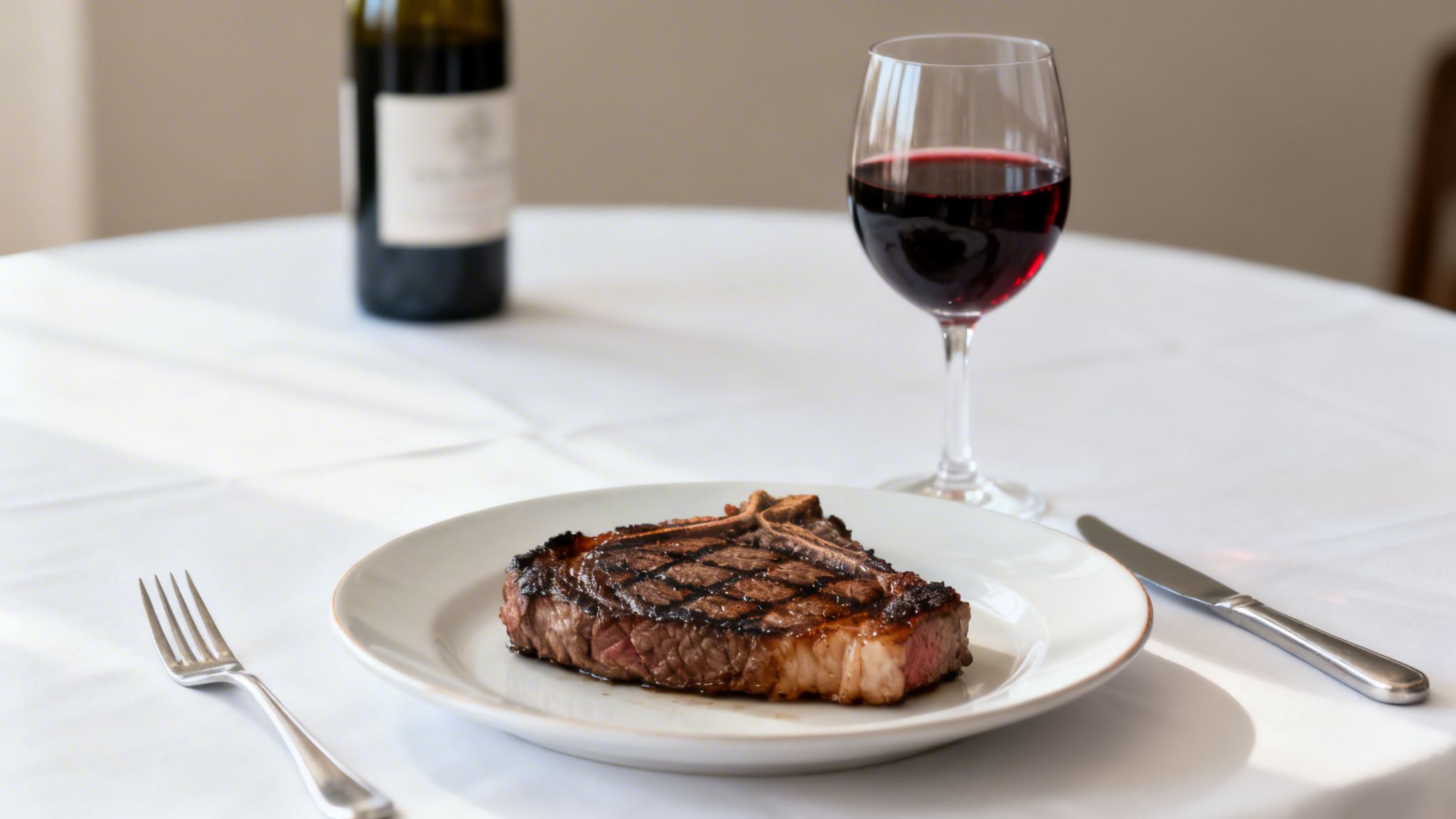 A perfectly grilled T-bone steak on a white plate, with a glass of red wine and bottle.