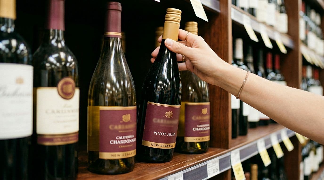Photo-realistic image of a grocery store wine shelf highlighting low-acid wines like New Zealand Pinot Noir and California Chardonnay with burgundy tones on labels and gold accents on caps, shopper's hand holding one bottle under soft lighting.