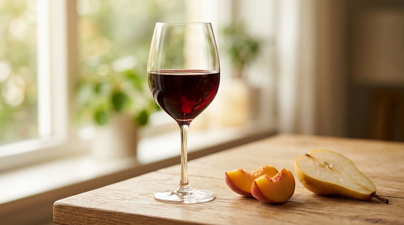 Photo-realistic elegant crystal wine glass filled with deep burgundy red wine on a light wooden table, with fresh peach slices and golden pear half nearby, soft natural light and shallow depth of field.