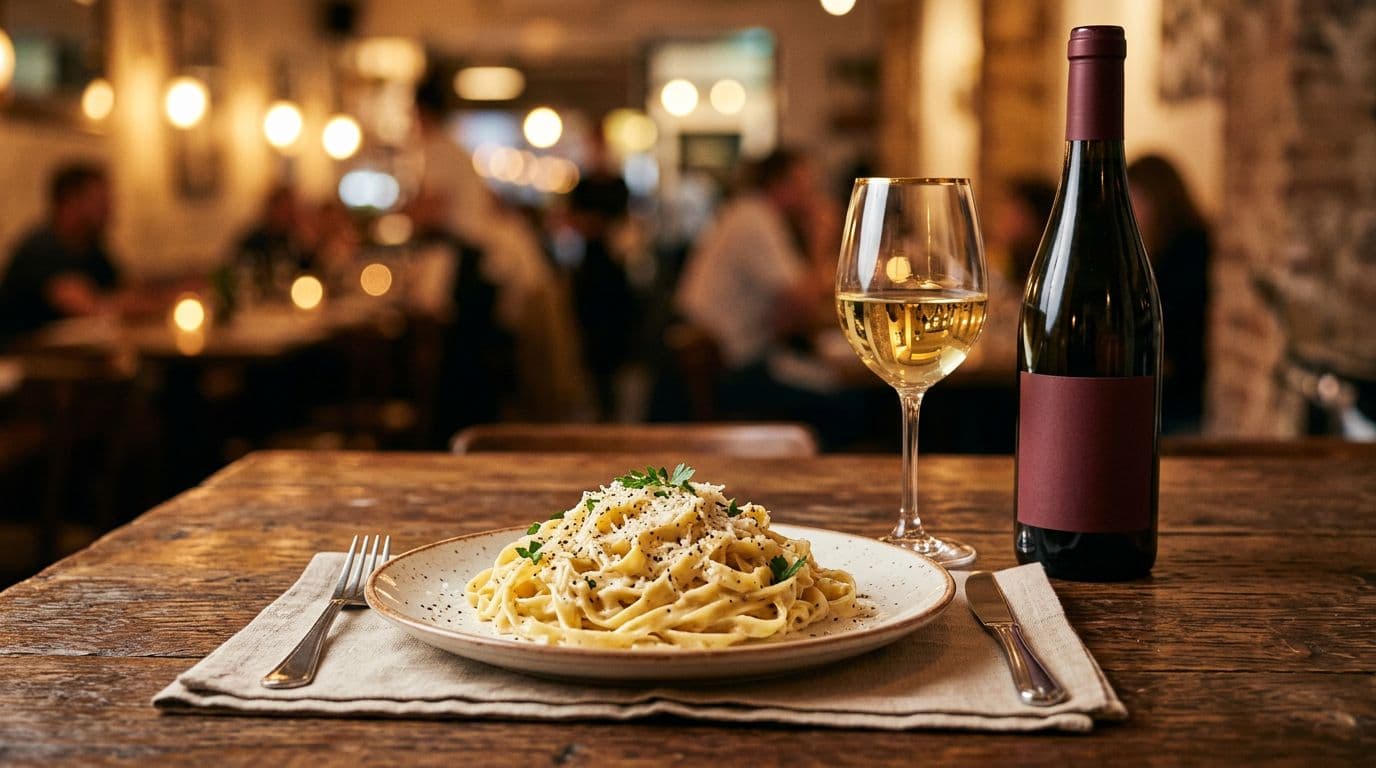 Photo-realistic close-up of a restaurant dinner table with a plate of creamy pasta in cheese sauce, a half-full glass of off-dry white wine in gold-rimmed stemware, and a bottle of low-acid wine with burgundy label. Warm ambient lighting highlights the balanced food and wine pairing in a relaxed vibe.