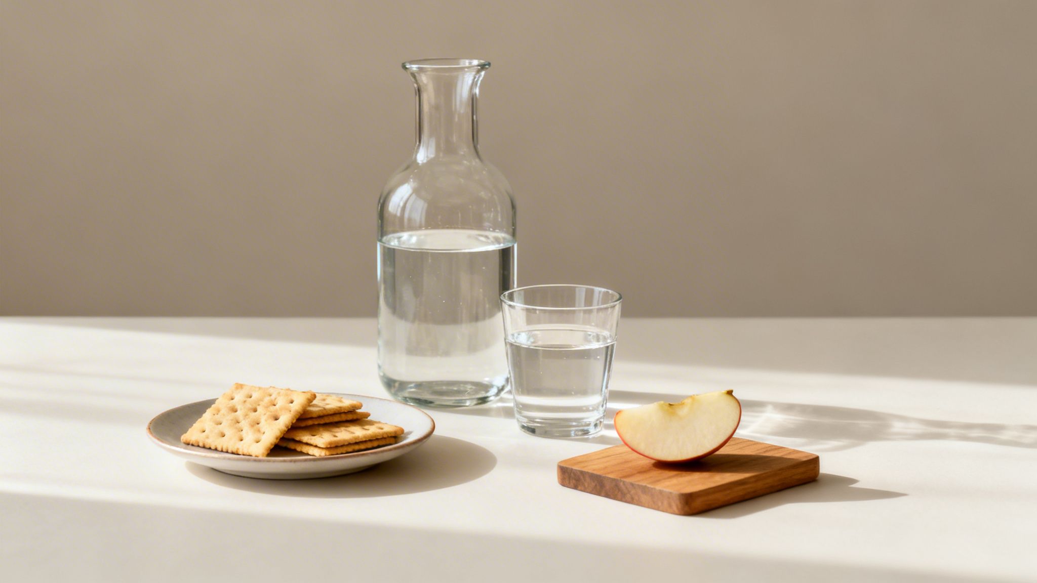 A minimalist setup featuring a glass carafe, water glass, crackers, and a red apple slice.