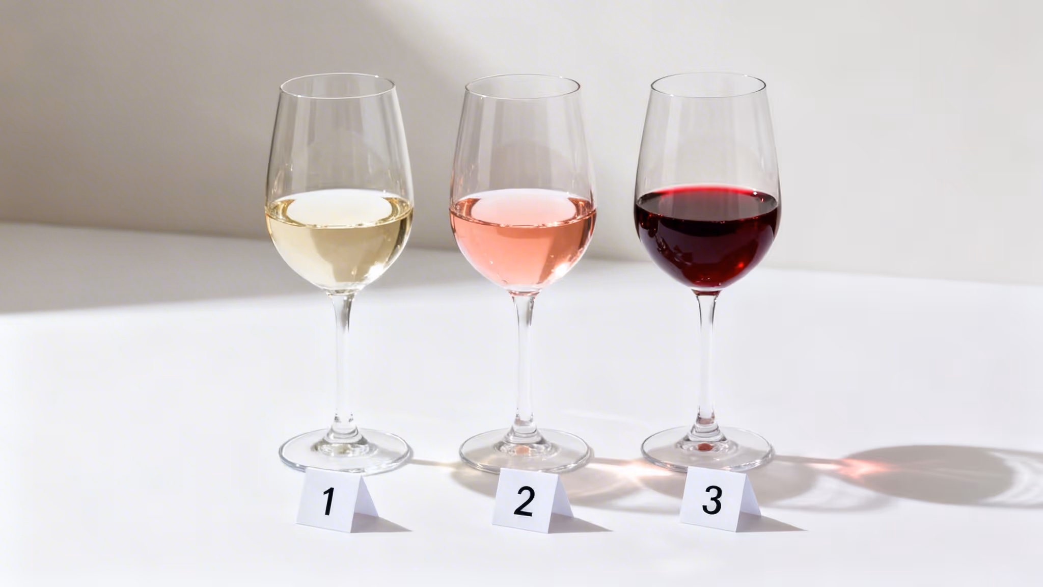 Three wine glasses on a white surface, containing white, rosé, and red wine, labeled 1, 2, and 3.