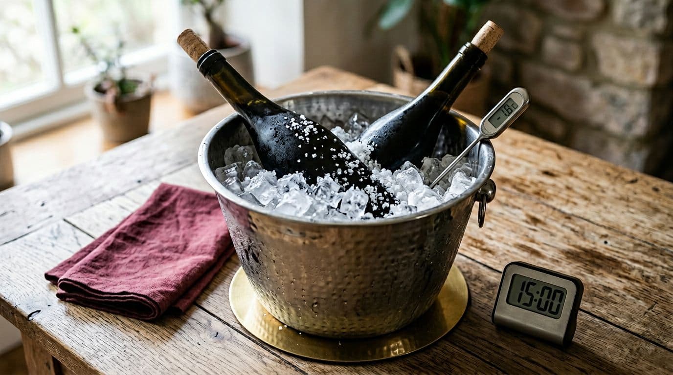 A wine bottle partially submerged in a large ice bucket filled with ice cubes and coarse sea salt, featuring a thermometer probe showing cold temperature and a nearby digital timer displaying 15 minutes, set on a rustic wooden table.