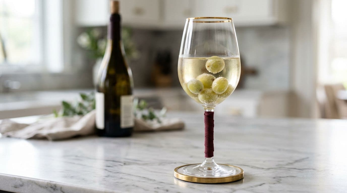 A clear glass of chilled white wine contains several partially submerged and floating frozen grapes, set on a marble countertop with a soft-focused elegant wine bottle in the background, accented by burgundy stem wrap and gold-rimmed coaster.