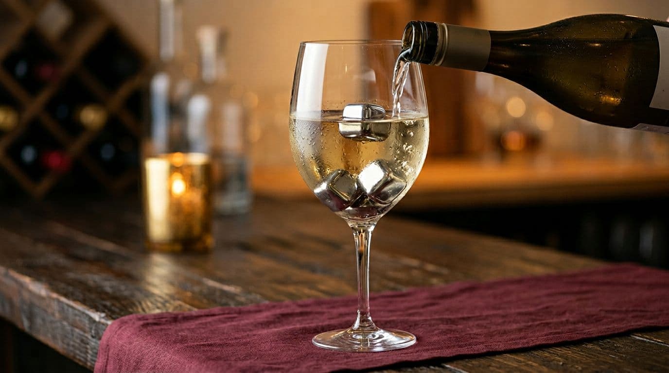 Elegant stemmed glass of chilled white wine with three polished stainless steel chilling stones at the bottom and one floating near the surface, condensation beads on the exterior, open bottle pouring nearby on dark wooden bar top with burgundy linen and gold accents.
