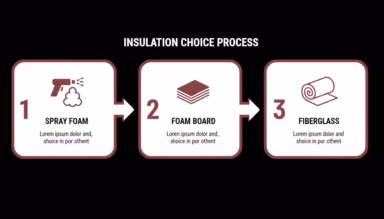 A diagram outlining the insulation choice process, featuring spray foam, foam board, and fiberglass options.