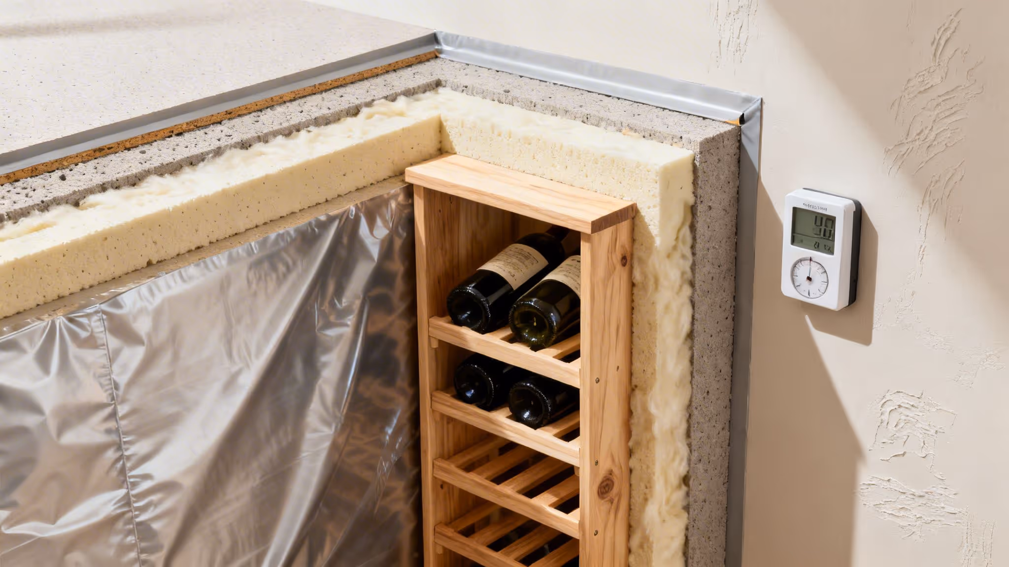 Detailed view of an insulated wine cellar wall, showing layers, wine bottles, and a digital thermometer.